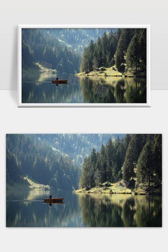 平静湖面上的孤舟森林环绕的自然美景