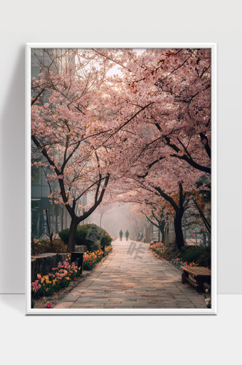 春日樱花大道路边芳草鲜花景色迷人