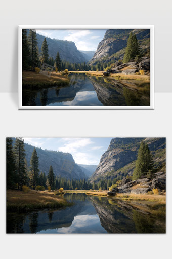 宁静山谷流水森林蓝天白云自然风光