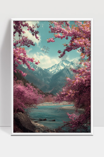 春日雪山水流环绕粉色樱花盛开美景