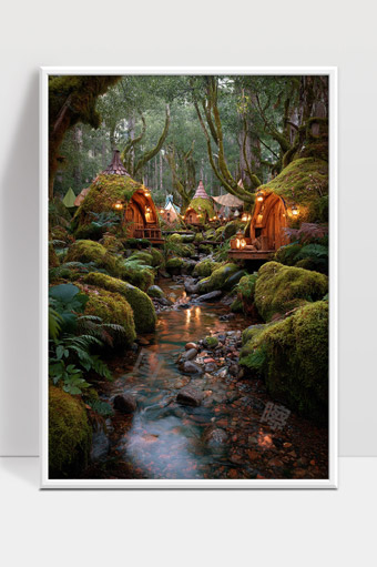 森林溪流旁童话小屋和绿苔秘境静谧之美