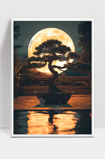 月光映照下的盆景松树夜景静谧美丽