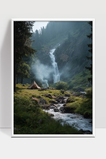山谷溪流瀑布旁静谧森林露营美景