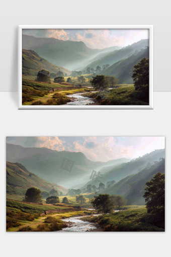 晨光洒落幽静山谷溪流环绕美丽自然风光