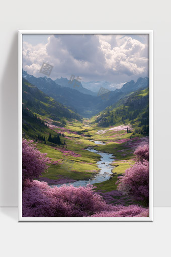 绵延山谷中盛开紫色花海与清澈溪流景观