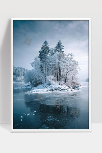 冬季冰湖中央小岛上雪树银装素裹景色迷人