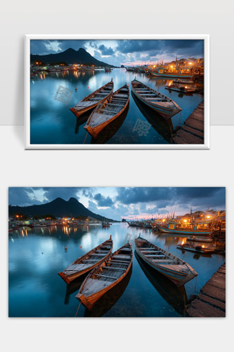 宁静夜晚渔港木船静泊海面美丽风光