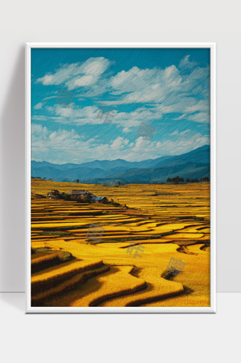 金色稻田层叠远山蓝天白云美丽田园风光