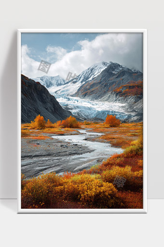 秋季山谷中蜿蜒溪流与雪山冰川美景