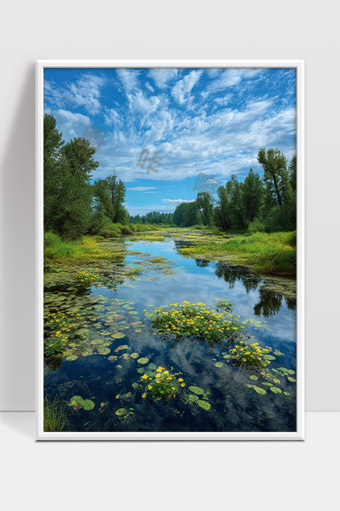 宁静河流水面倒映蓝天绿树野花点缀自然风光美景