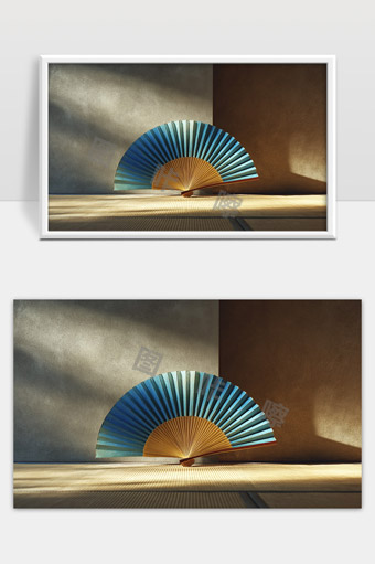 简约静谧日式榻榻米上的蓝色折扇光影交错