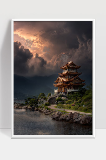 夕阳映照下的古风江南水乡建筑景观