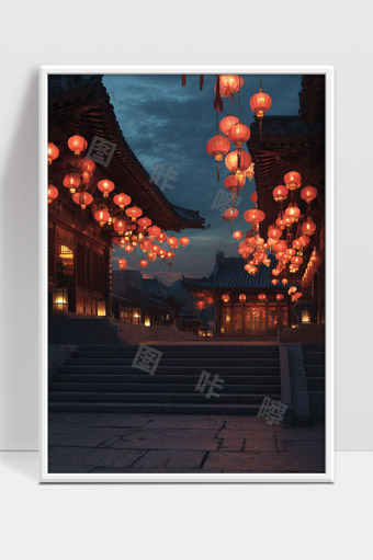 古建筑中秋夜晚挂满红色灯笼的宁静街道