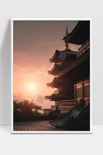 夕阳映照下的古代东方寺庙建筑风采