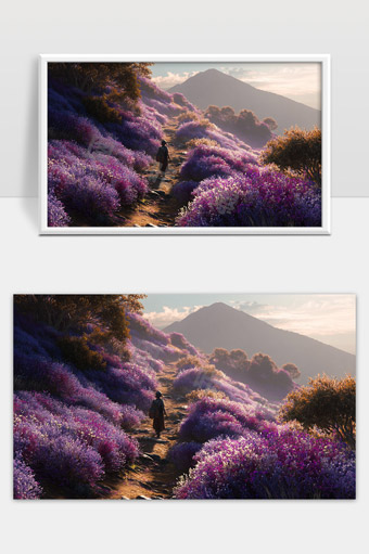 紫色花海山间小径悠闲漫步风光美丽