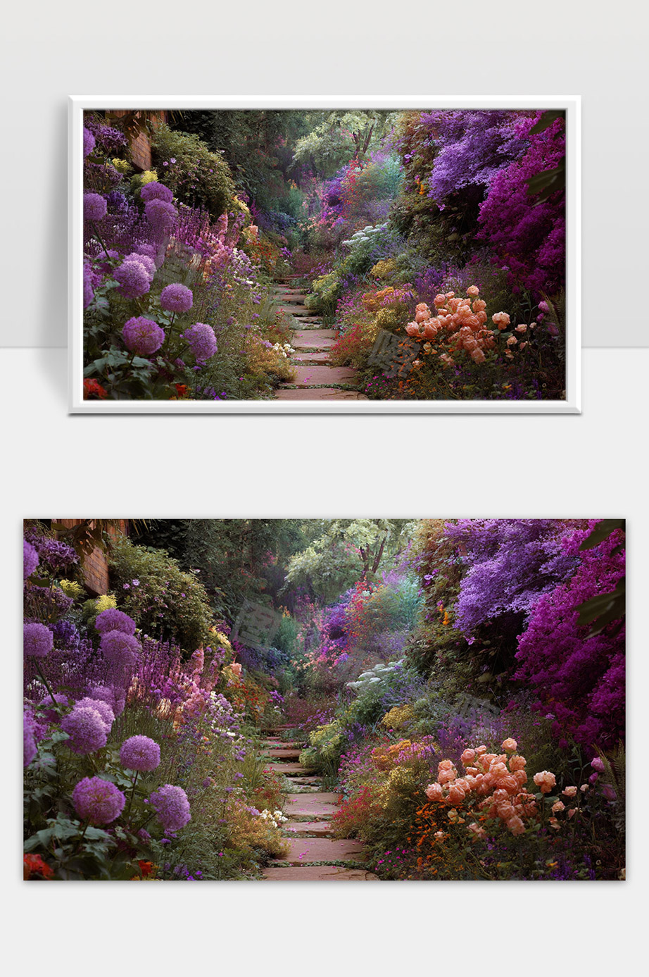 秘境花园中繁花盛开的幽静小径美景