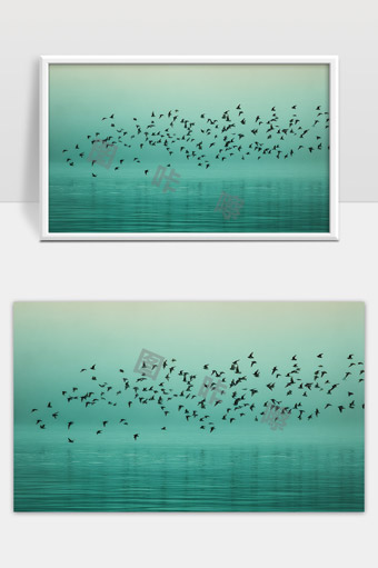 清晨湖面上鸟群飞翔宁静自然美景