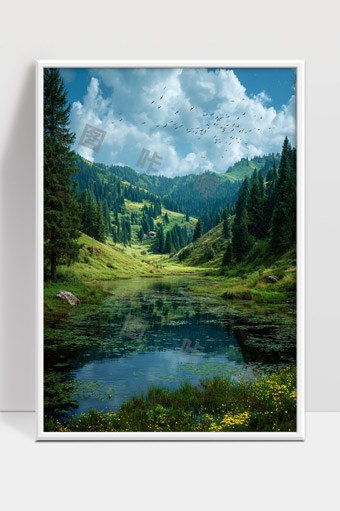 宁静山谷清澈湖水蓝天白云自然风光美景