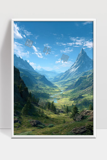 壮丽青山绿谷湛蓝天空自然风光美丽画卷