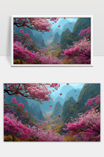 春日山谷粉色花海蝴蝶飞舞自然风光美景