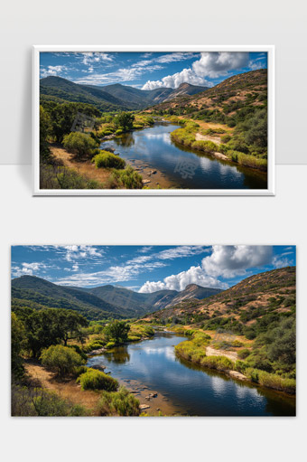 蓝天白云下的宁静山谷溪流风光