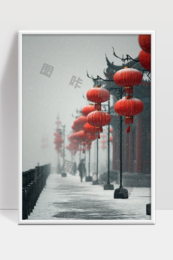 雪中古建筑红灯笼点缀传统节日气氛