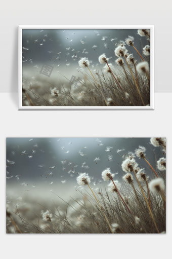 微风吹拂蒲公英种子飞舞田野春日美景