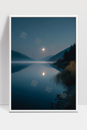 静谧夜晚湖面月光映照山水宁静景色