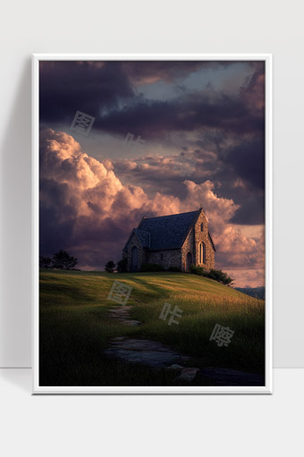 宁静山丘上的古老石屋与壮丽晚霞景色