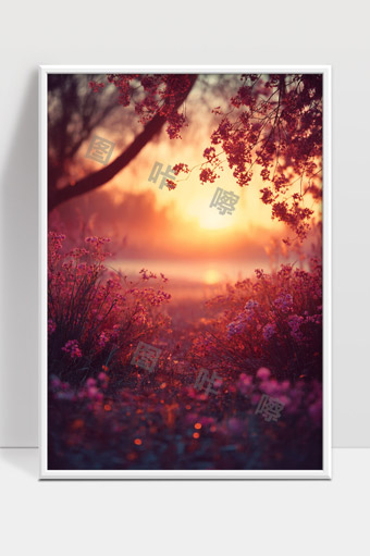 温暖夕阳下花海绽放春日柔美自然风光