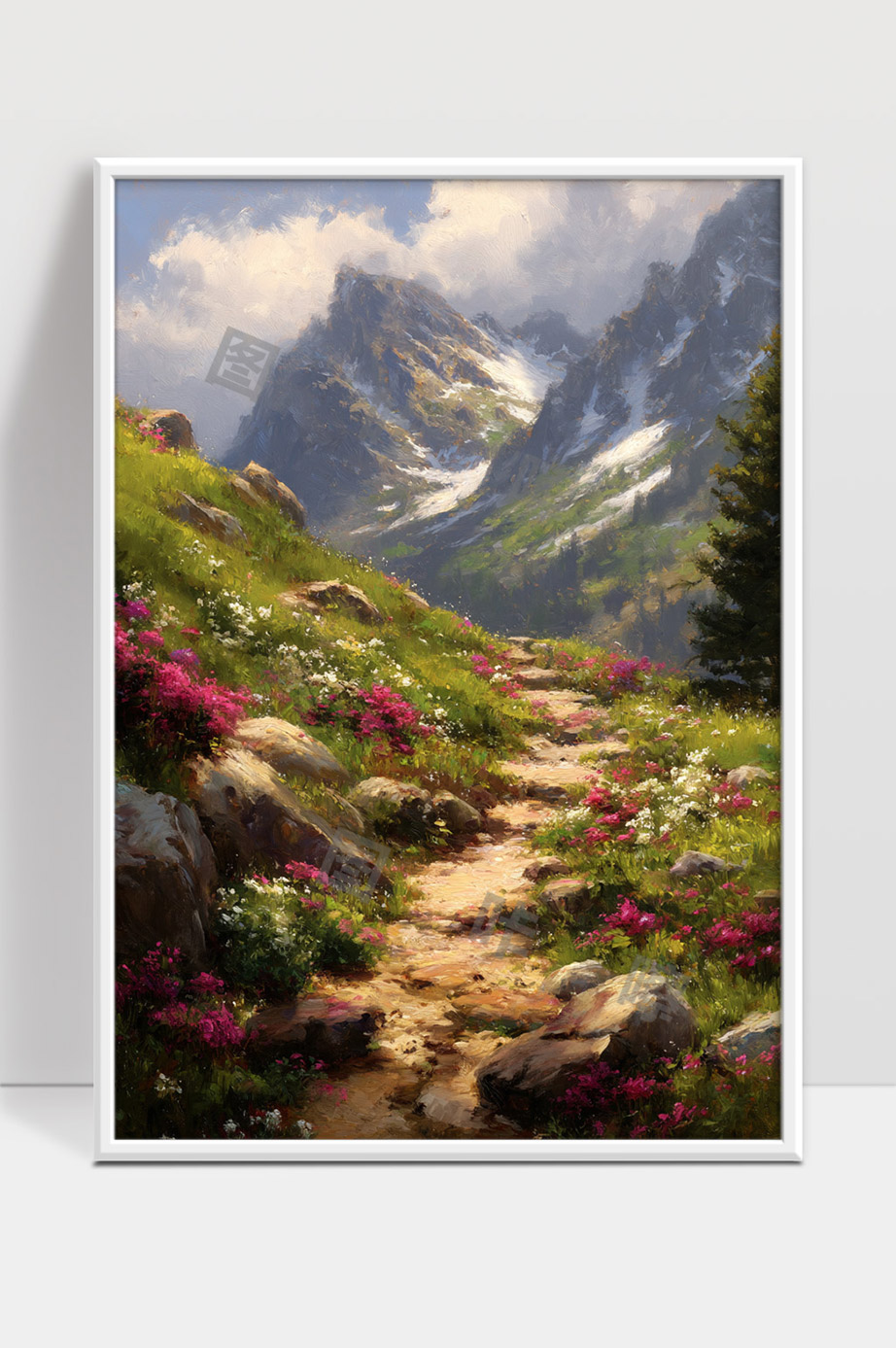 高山花海中的宁静小径春日自然风光