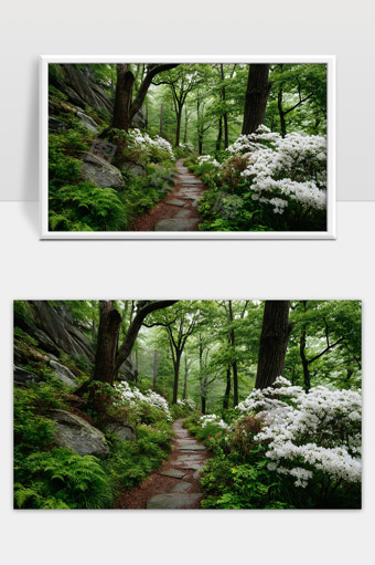 绿树环绕的石板小径春季花丛自然风光