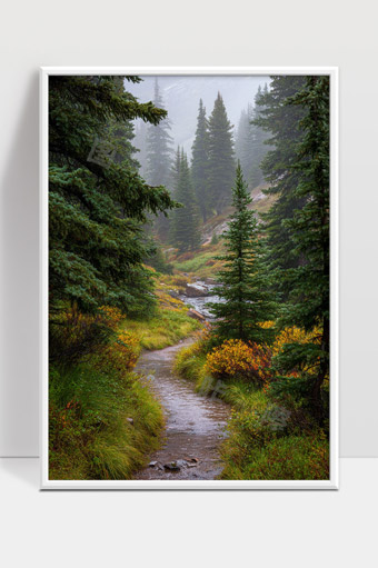 幽静山林中的蜿蜒小径与秋日晨雾景色