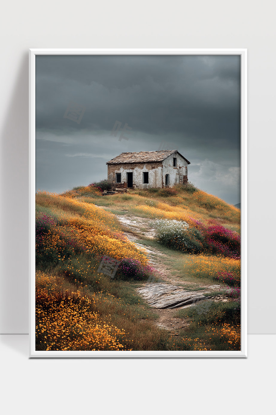 寂静山丘上的旧屋与绚丽花海景色