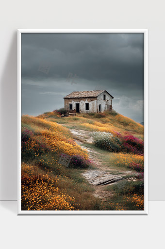 寂静山丘上的旧屋与绚丽花海景色