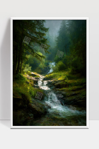 幽静森林溪流清晨阳光洒落山间自然风光