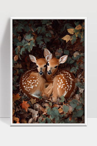 秋林中的两只小鹿温馨依偎自然野生动物