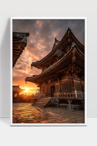 夕阳映照下的古代建筑风貌