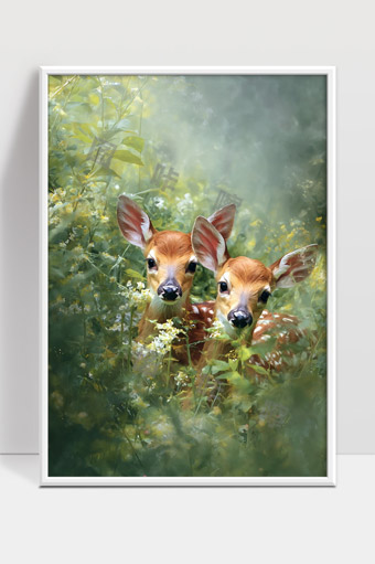 森林中清晨阳光下两只小鹿温馨静谧画面