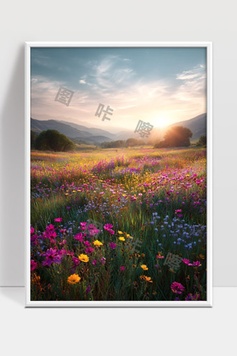 阳光照耀下的绚丽野花山谷美景