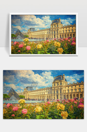 鲜花映衬下卢浮宫古典建筑与玻璃金字塔美景