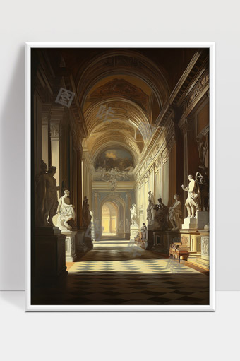 古典博物馆雕塑长廊阳光洒落通道深远感