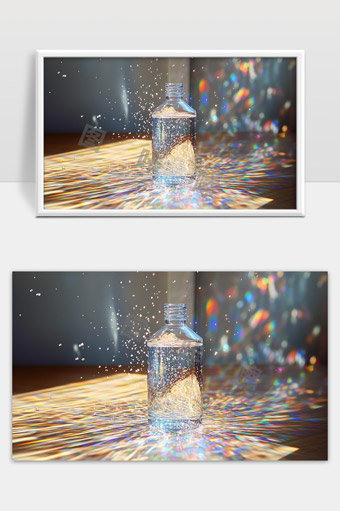 阳光映射彩虹光影中透明水瓶艺术摄影