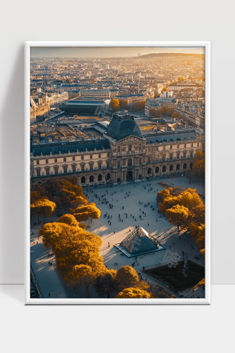 巴黎卢浮宫秋日黄昏城市景观与现代建筑融合