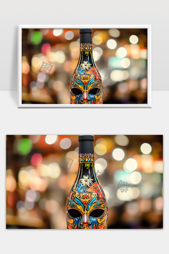 彩绘面具风格艺术酒瓶创意展示融合传统与现代元素