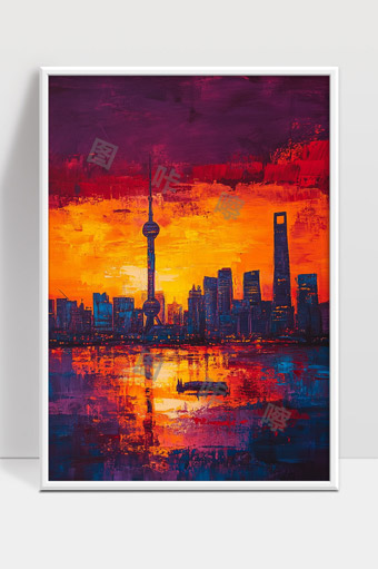 上海浦东黄昏美景城市建筑油画艺术作品