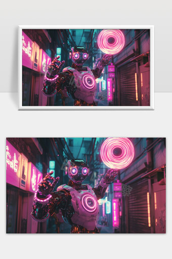 未来都市霓虹灯下高科技机器人展示科技魅力