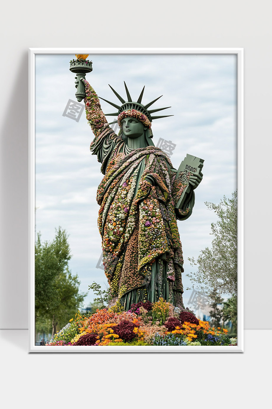 花卉装饰的自由女神像充满春天气息