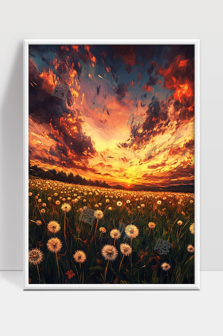 绚丽晚霞映照蒲公英花海壮美景色