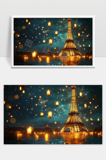 浪漫巴黎埃菲尔铁塔夜景与飘动的许愿灯